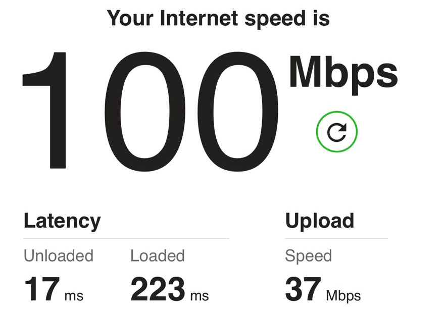 Post-install speed test showing 100 Mbps download, 37 Mbps upload and 17 ms unloaded latency